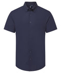 A navy blue shirt top features short sleeves, a pointed collar, and seven front buttons. Displayed on a plain white background.