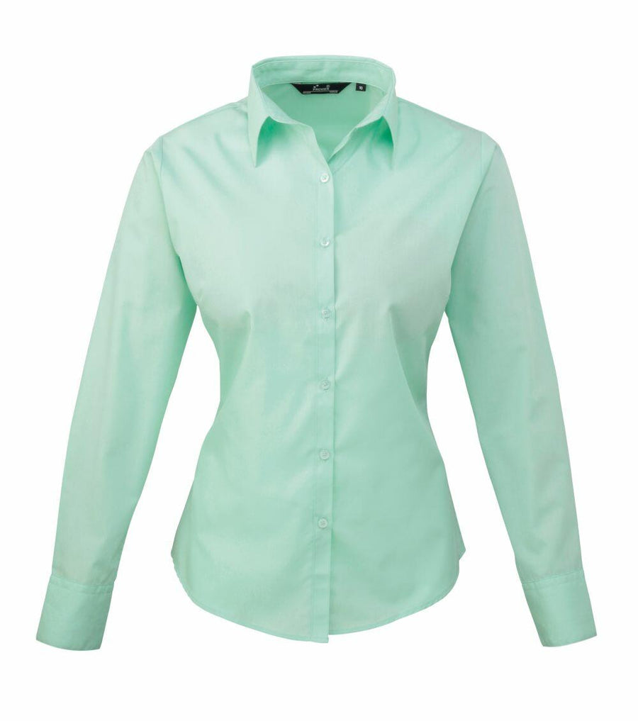 Light green PR300 long-sleeve button-up shirt with a collar by Premier, displayed against a plain white background.