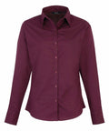 A Premier PR300 long-sleeve button-up shirt in burgundy featuring a pointed collar.