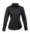 The Premier PR300 black long-sleeve button-up shirt is showcased against a white background.