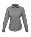 The Premier PR300 is a gray, long-sleeve button-up shirt featuring a collar and cuffs, displayed on a white background.