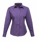 Product PR300 by Premier is a purple button-up shirt for women, featuring long sleeves and a collar, displayed on a white background.