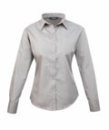 A Premier PR300 gray long-sleeve button-up shirt featuring a classic collar, showcased against a white background. The shirt boasts a tailored fit with visible buttons and cuffs.