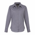 A Premier PR300 long-sleeve gray button-up shirt with a collar is showcased on a plain white background. It features a classic fit, buttoned cuffs, and a smooth fabric texture.