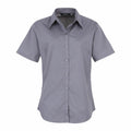 A Premier PR302 gray short-sleeve button-up shirt is displayed on a white background. This shirt includes a classic collar and six buttons down the front, crafted from lightweight fabric.