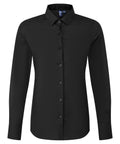 A black long-sleeve button-up shirt with a pointed collar is shown on a white background, front view, with all buttons fastened.
