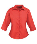 Product PR305 by Premier is a red, three-quarter sleeve button-up blouse with a collar, showcased against a white background. The blouse features a fitted, tailored design.