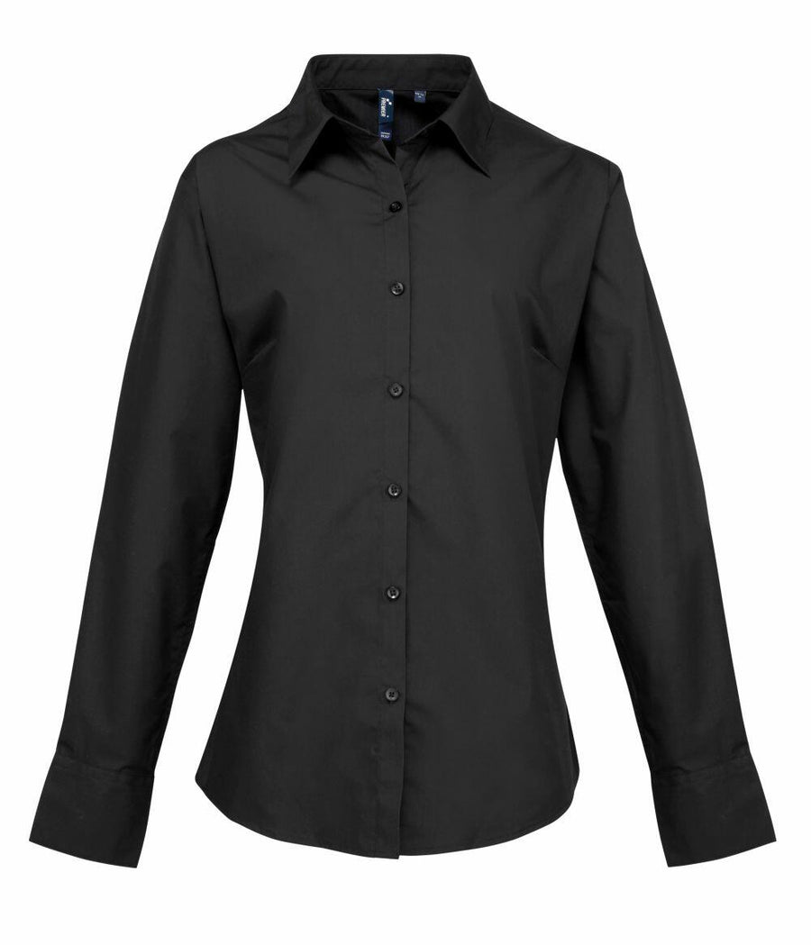 Premier's PR307 is a black button-up shirt featuring long sleeves and a collar, displayed on a white background.