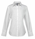 Premier's PR307 white long-sleeve button-up shirt, featuring a classic collar, showcased against a plain background.