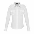 Premier's PR310 is a white long-sleeve button-up shirt featuring two chest pockets and a collar.