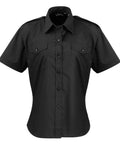 Premier's PR312 is a black short-sleeved button-up shirt featuring two chest pockets and epaulettes.