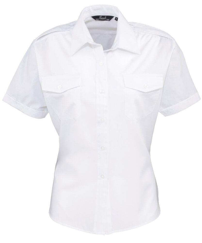 Premier's PR312 is a white short-sleeve button-up shirt featuring two chest pockets.