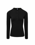 Premier's PR318 black henley shirt, featuring long sleeves and a buttoned neckline, showcased against a plain white background.