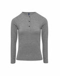 Premier's PR318 is a gray long-sleeve henley shirt featuring three buttons on the front.