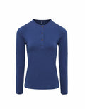 A blue long-sleeve henley shirt by Premier, featuring three buttons on the front, known as Product PR318.