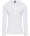 A long-sleeve Premier PR318 white henley shirt featuring a round neck and three buttons, displayed on a plain background.