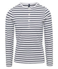 The Premier PR318 is a long-sleeved, white henley shirt with horizontal black stripes. It features a round neckline and a button placket with four buttons, creating a casual and stylish look.