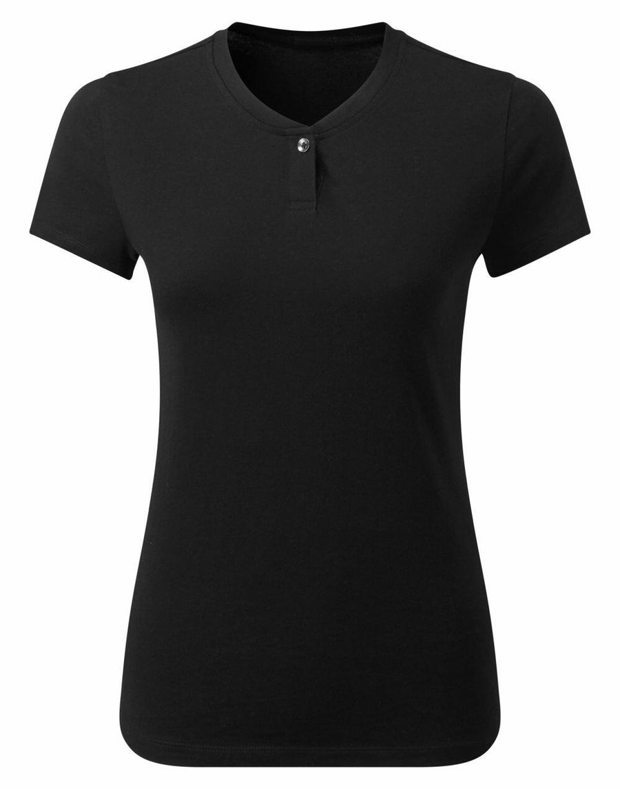A plain black PR319 T-shirt from Premier featuring short sleeves, a round neckline, and a single button detail at the front.