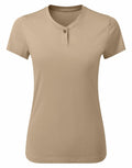 Beige short-sleeved T-shirt with a buttoned neckline, labeled as Premier's PR319, displayed on a plain background.