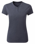 The Premier PR319 is a plain, dark gray women's t-shirt that features a fitted design with short sleeves, a short collar, and a single button at the neckline. It is displayed on a white background.