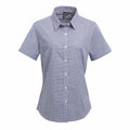 Premier's PR321 is a short-sleeved, button-up shirt featuring a blue and white checkered pattern.