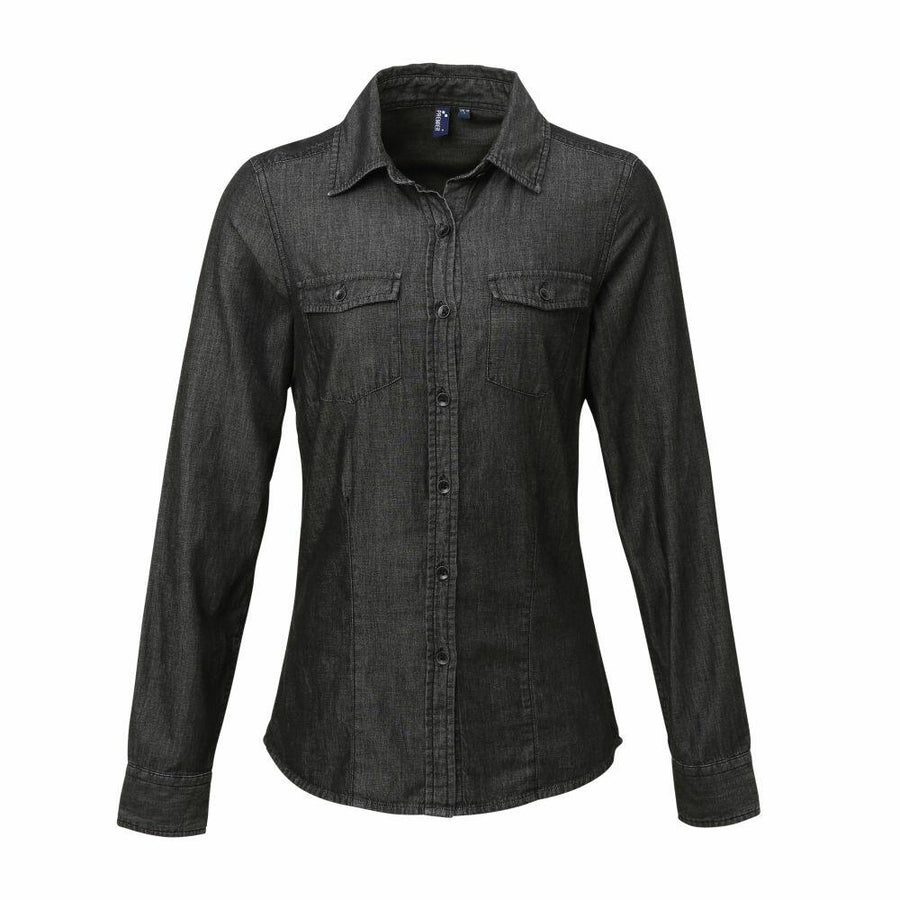 The Premier PR322 is a black long-sleeve button-up denim shirt featuring two chest pockets.