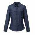 Introducing the PR322 from Premier: a stylish dark blue denim button-up shirt featuring long sleeves and two chest pockets.