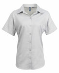 The Premier PR336 is a light gray, short-sleeved button-up shirt with a collar, showcased against a white background.