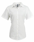 A shirt from Premier, model PR336, featuring a simple and classic design with short sleeves, a collar, and a fitted waist, set against a plain background.