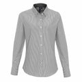 Introducing the Premier PR338: a stylish gray pinstripe long-sleeve button-up shirt featuring a pointed collar and elegant white buttons.