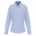 The Premier PR338 is a light blue long-sleeve dress shirt with subtle stripes, featuring a classic collar and button-down front.