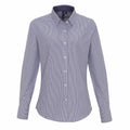 A long-sleeved, PR338 button-up shirt from Premier, featuring blue and white vertical stripes and a collar. It is neatly displayed on a white background.