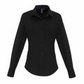 Premier's PR344 black, long-sleeved button-up shirt with a collar, showcased against a white background.