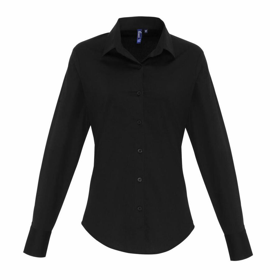 Premier's PR344 black, long-sleeved button-up shirt with a collar, showcased against a white background.