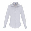 The PR344 button-up long-sleeve shirt from Premier, in a light gray hue and featuring a collar, is displayed against a white background.