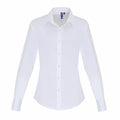 The Premier PR344 is showcased against a simple background, featuring a white color, long sleeves with cuffs, and a collared button-up front. Its design is fitted for a sleek appearance.
