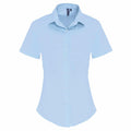 Premier's PR346, a light blue short-sleeve button-up shirt with a collar, is displayed on a plain background.