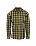 A Premier PR350 long-sleeve yellow and black plaid button-up shirt showcased against a white background.