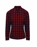 Premier's PR350 long-sleeve button-up shirt in red and blue plaid with a collar.