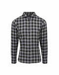 A PR350 long-sleeve button-up plaid shirt in black, gray, and white by Premier.