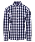 The Premier PR350 is a long-sleeved, blue and white checkered men's button-up shirt featuring a classic collar and front button closure, set against a white background.