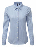 Premier's PR352 long-sleeve button-up shirt, featuring a blue and white checkered pattern, is displayed on a mannequin.