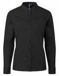 Product PR358 by Premier: A black long-sleeve button-up shirt with a mandarin collar, showcased against a white background.