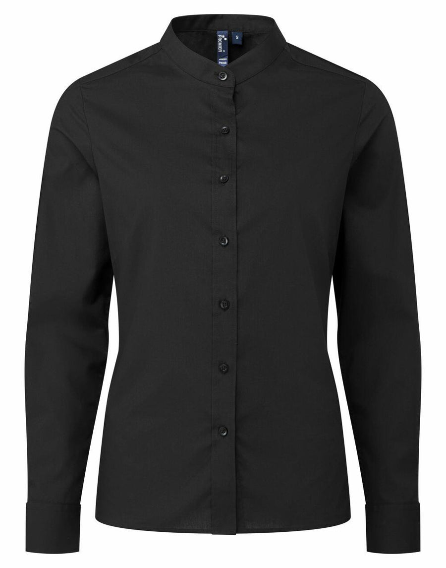 Product PR358 by Premier: A black long-sleeve button-up shirt with a mandarin collar, showcased against a white background.