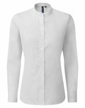 PR358 by Premier is a white long-sleeve button-up shirt featuring a Mandarin collar, set against a plain background.