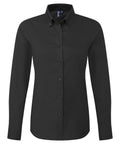 The image displays a fitted black shirts product with long sleeves, button-up front, collar, and buttoned cuffs, made from smooth fabric against a white background.