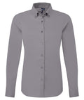 The Shirts product is a long-sleeved, light grey button-up with a collared neckline and smooth fabric, shown against a white background.