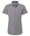 A solid grey, short-sleeve button-up collared shirt is shown from the front on a white background.