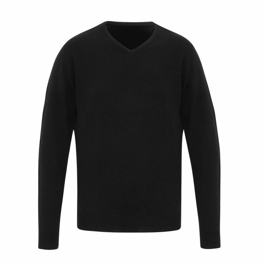 The Premier PR400 is showcased as a simple black V-neck sweater featuring long sleeves, set against a white background.