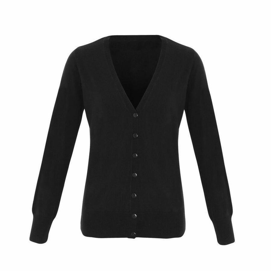 Premier PR402 black V-neck cardigan with long sleeves and button closure, displayed on a white background.